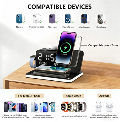 7 in 1 Charging Station with Clock, Wireless Charger with Night Light（Fast Charging)⚡