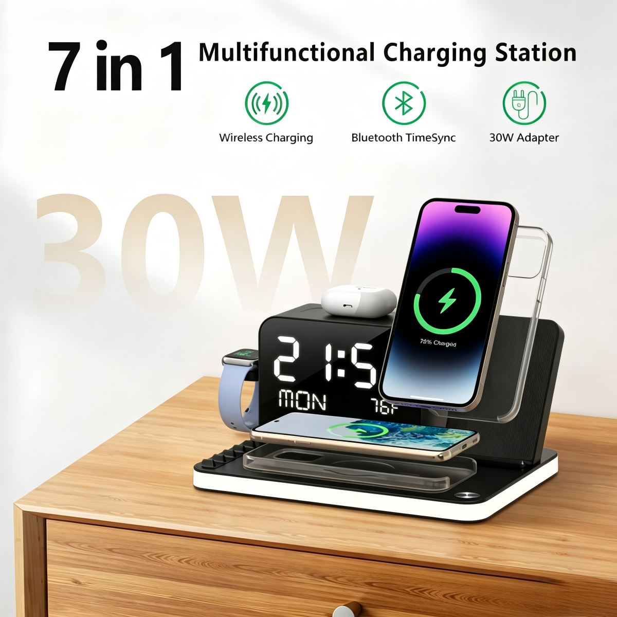 7 in 1 Charging Station with Clock, Wireless Charger with Night Light（Fast Charging)⚡