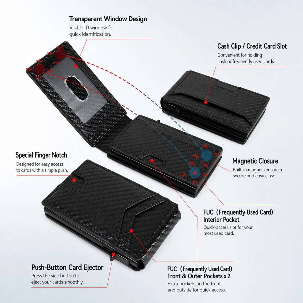 Slim RFID Wallet for Men - Pop-Up Card Holder with Money Clip & Dual ID Windows