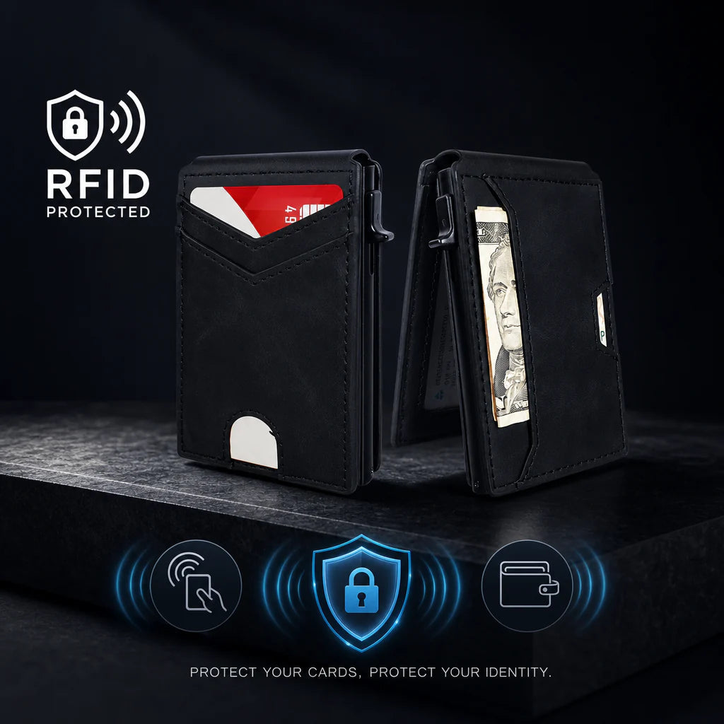 Slim RFID Wallet for Men - Pop-Up Card Holder with Money Clip & Dual ID Windows